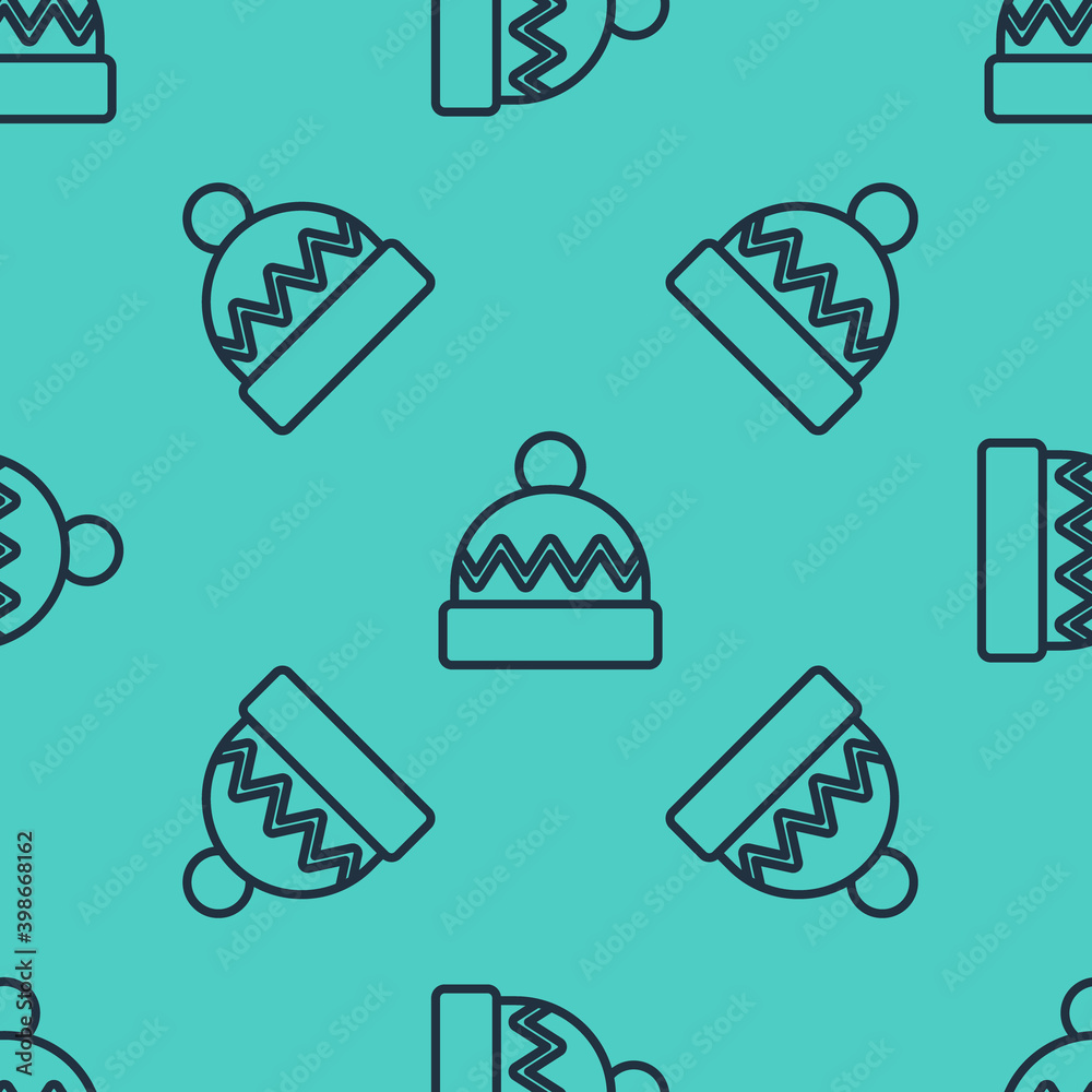 Black line Winter hat icon isolated seamless pattern on green background.  Vector.