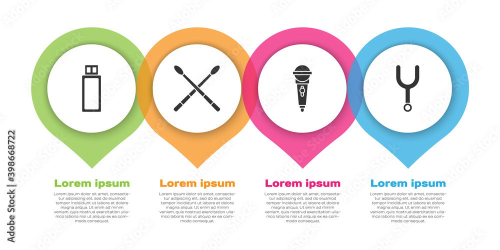 设置U盘、鼓槌、麦克风和音乐音叉。商业信息图模板。