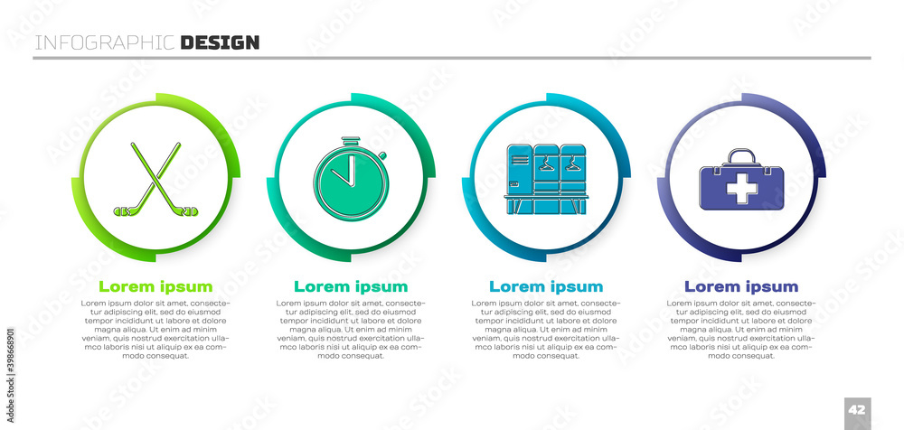设置冰球棍、秒表、储物柜或更衣室以及急救箱。商业信息图te