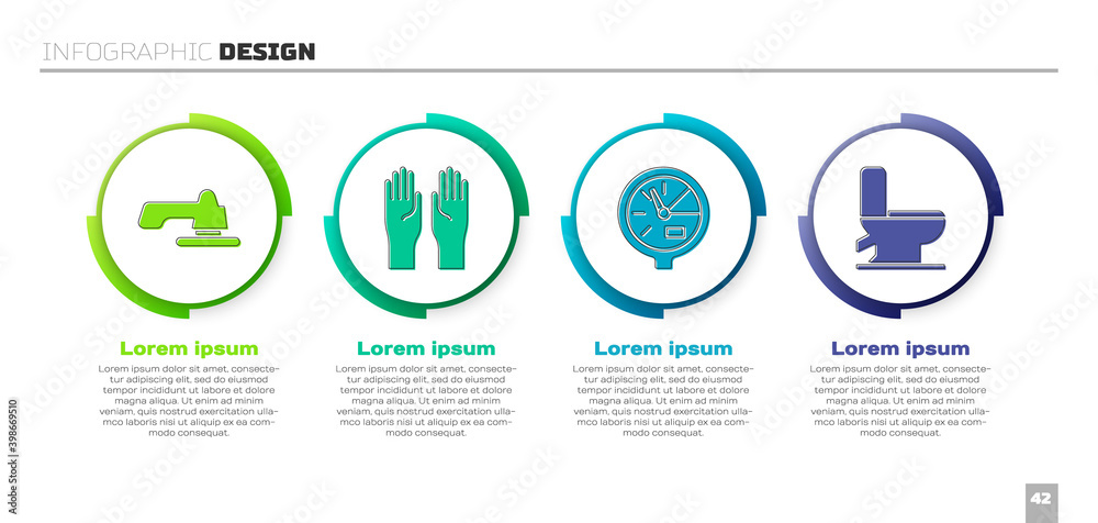 设置水龙头、橡胶手套、水表和抽水马桶。商业信息图模板。Vector