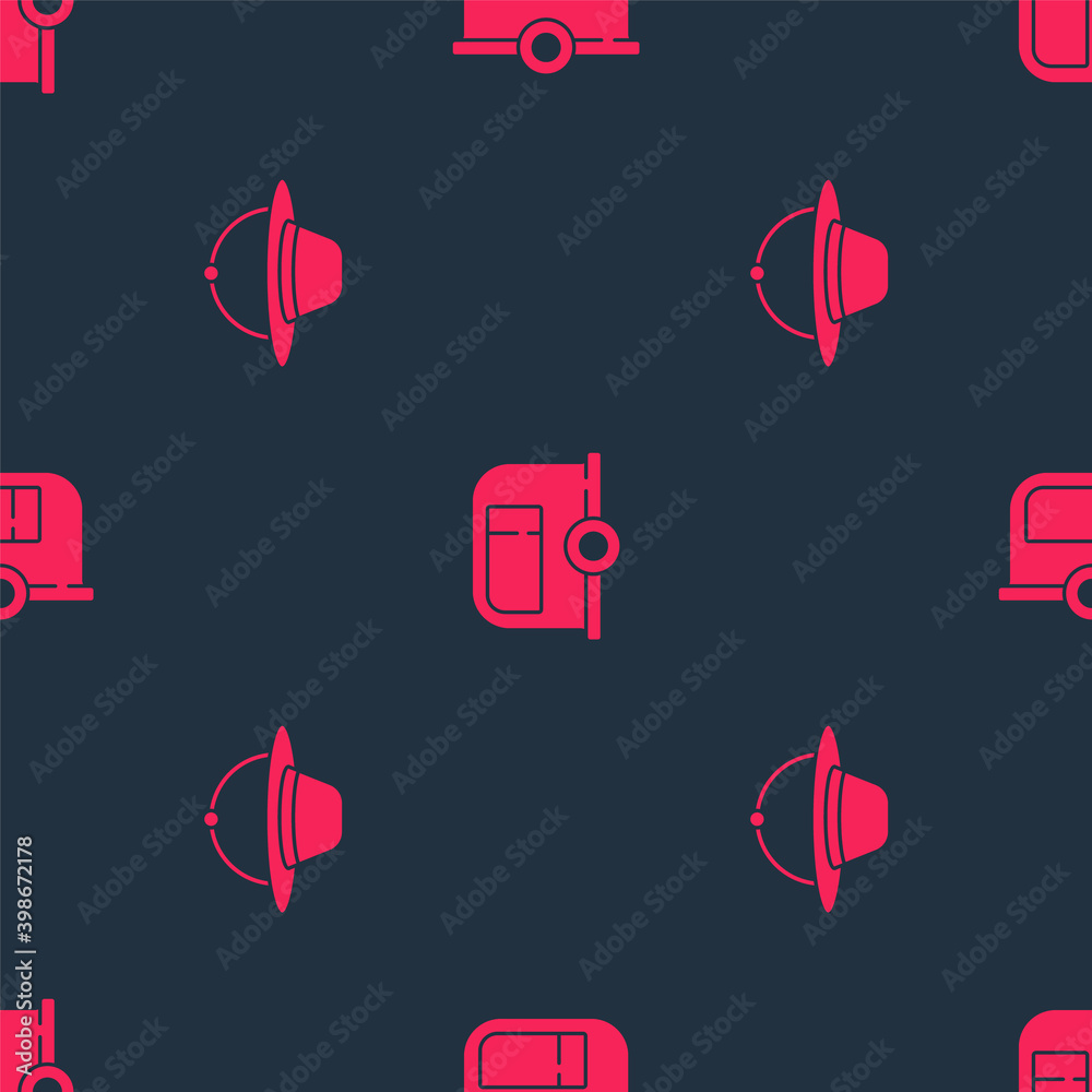 Set Camping hat and Rv trailer on seamless pattern. Vector.