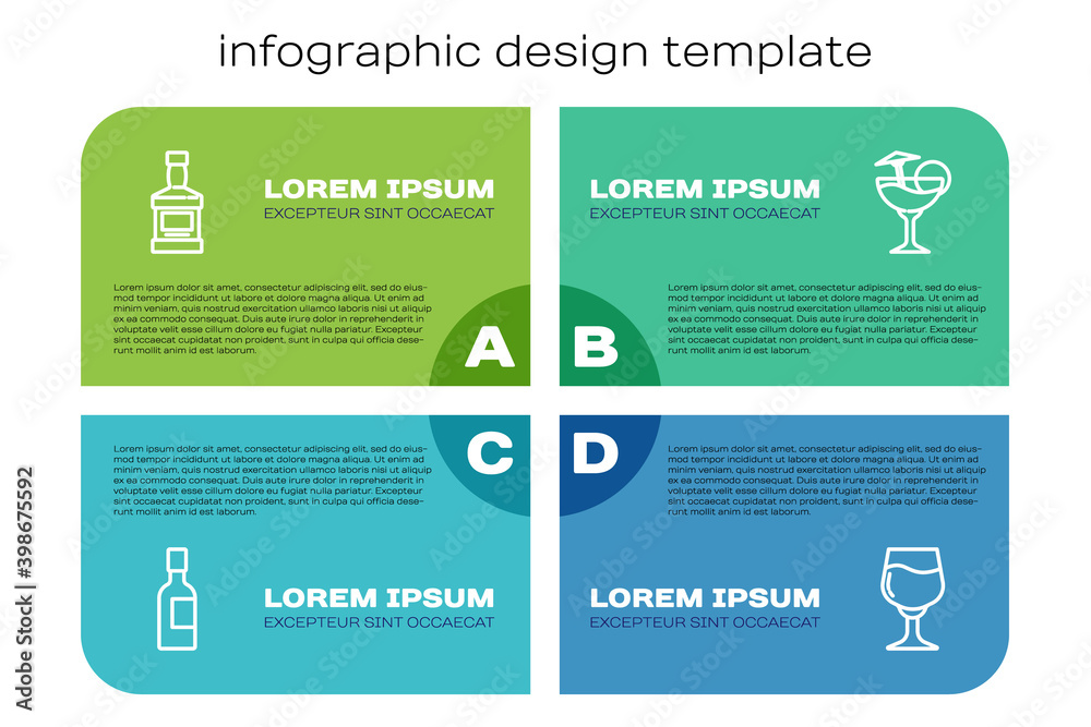 香槟酒瓶、威士忌、酒杯和鸡尾酒。商业信息图模板。矢量。