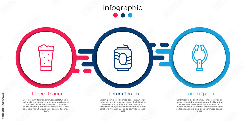 一杯啤酒、苏打罐和肉钳。商业信息图模板。矢量。