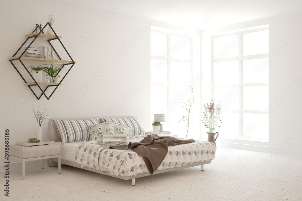 White bedroom interior. Scandinavian design. 3D illustration