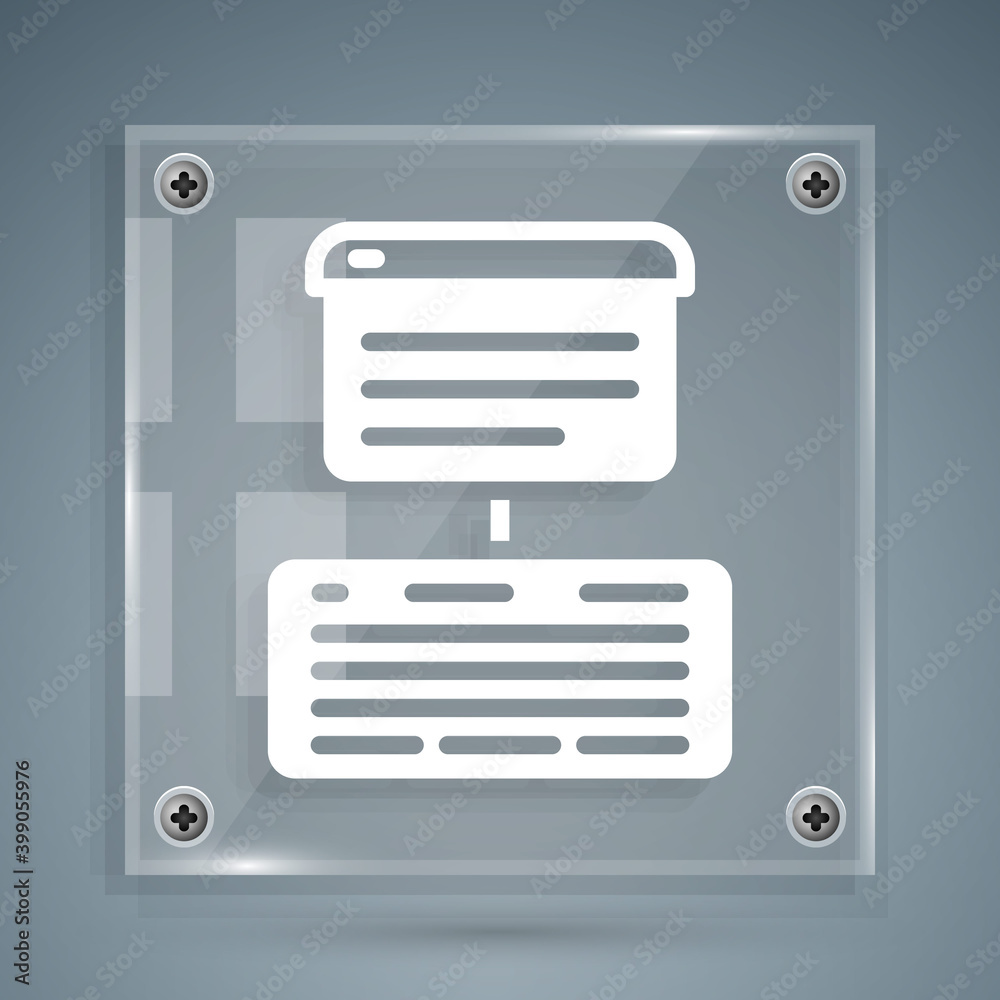 White Server, Data, Web Hosting icon isolated on grey background. Square glass panels. Vector.