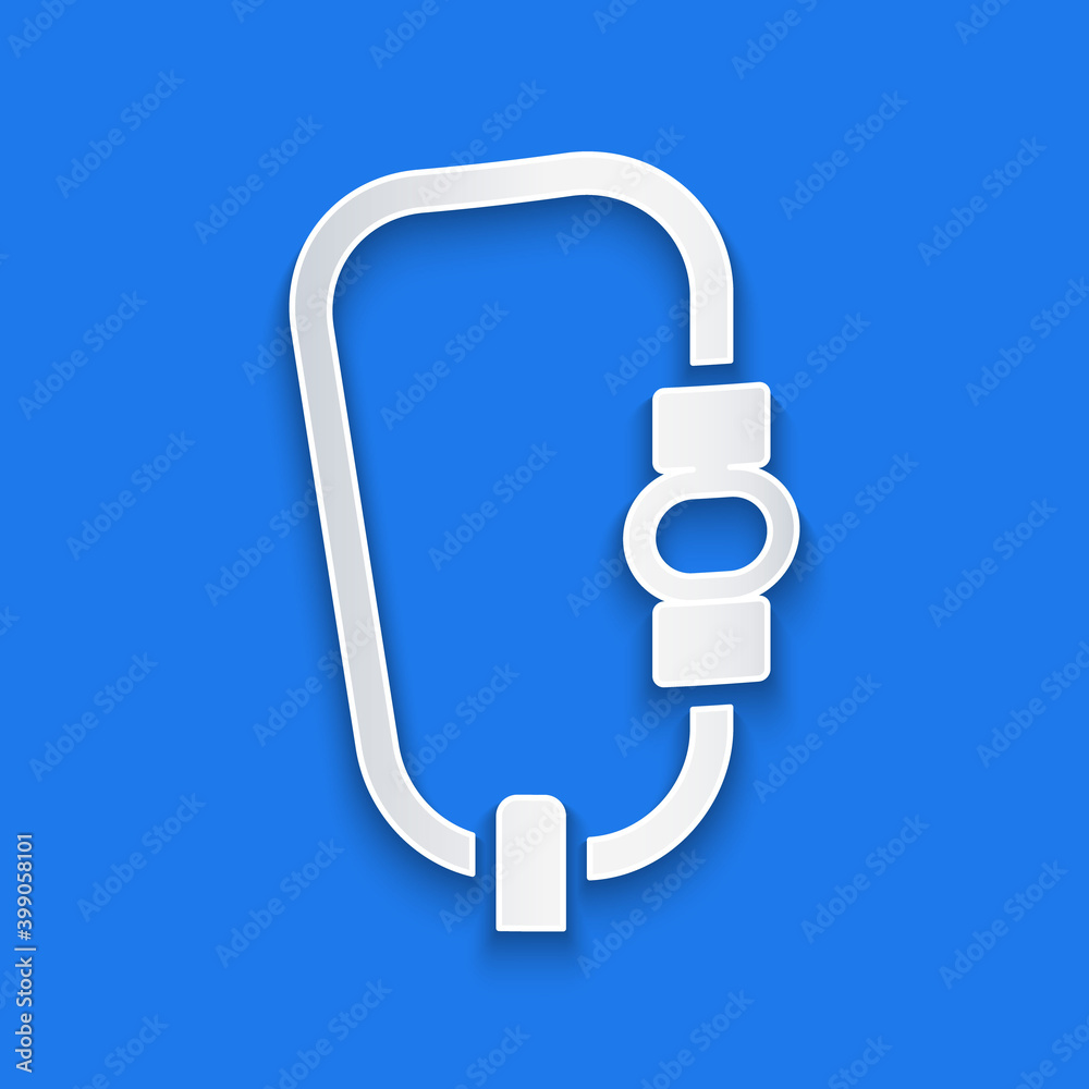 Paper cut Carabiner icon isolated on blue background. Extreme sport. Sport equipment. Paper art styl