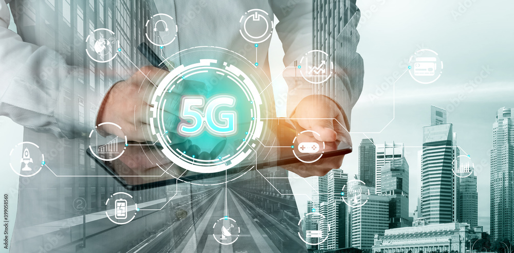 Advanced communication and global internet network connection in smart city . Concept of future 5G w