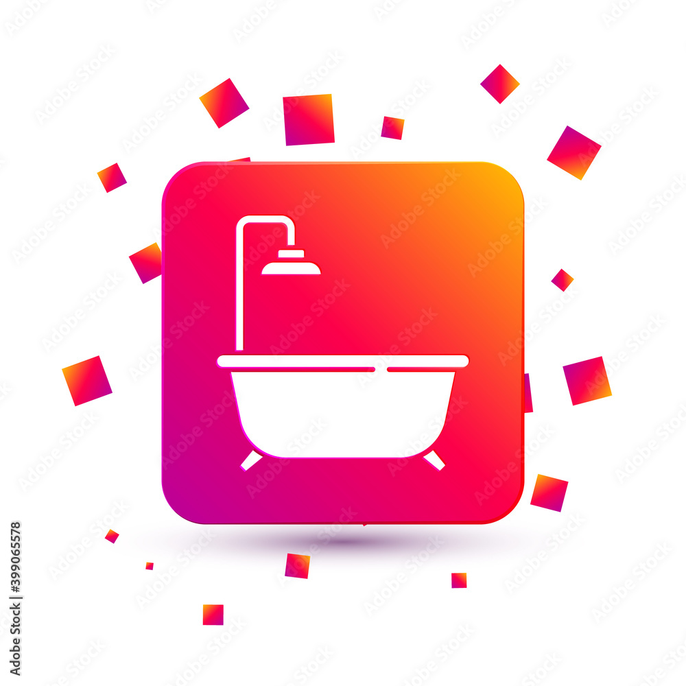 White Bathtub with shower icon isolated on white background. Square color button. Vector.