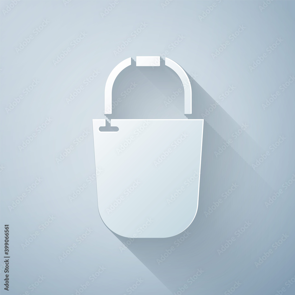 Paper cut Bucket icon isolated on grey background. Paper art style. Vector.