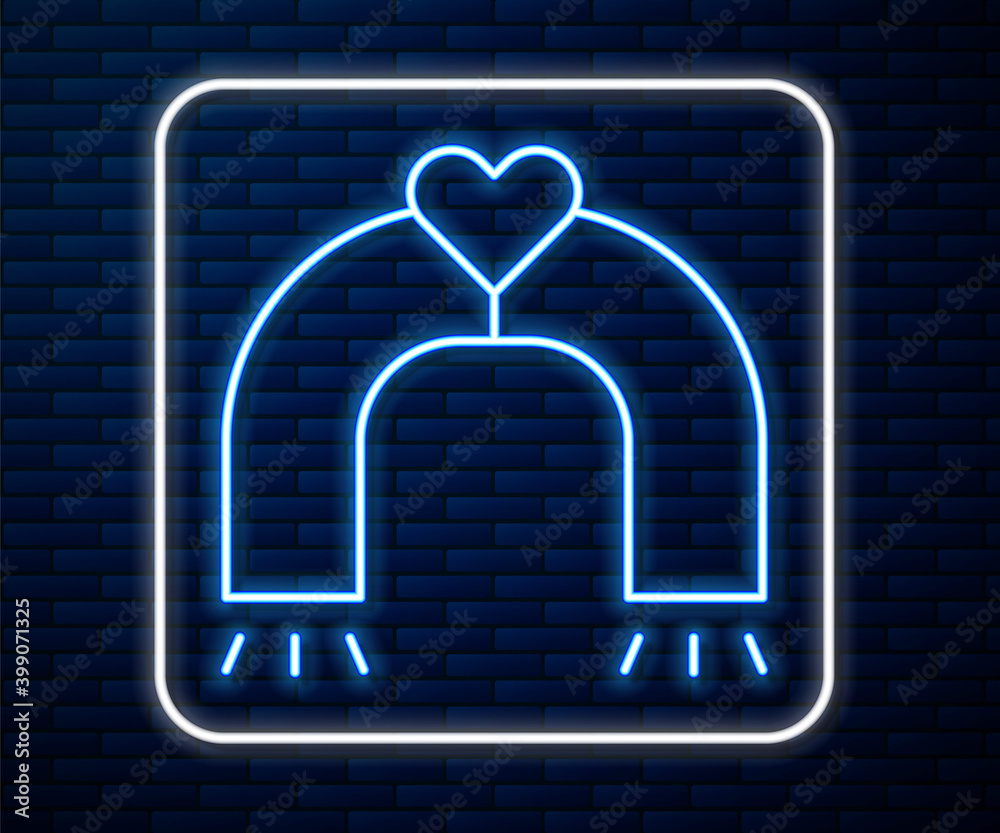 Glowing neon line Love magnet icon isolated on brick wall background. Vector.