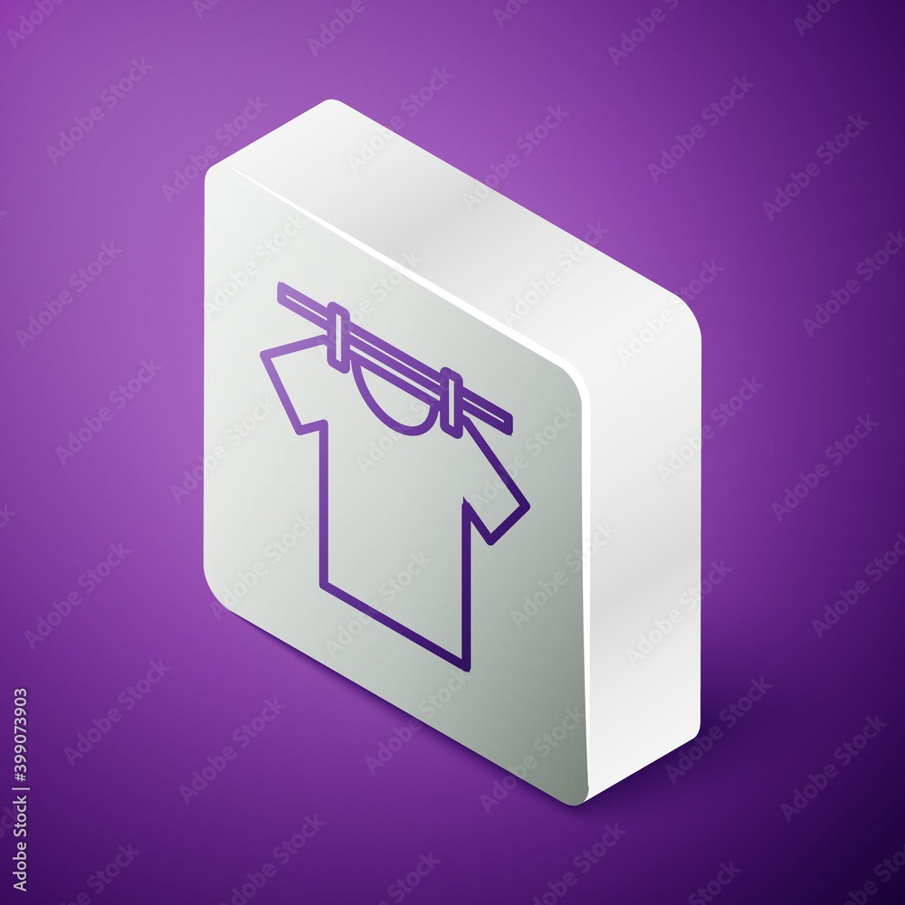 Isometric line Drying clothes icon isolated on purple background. Clean shirt. Wash clothes on a rop