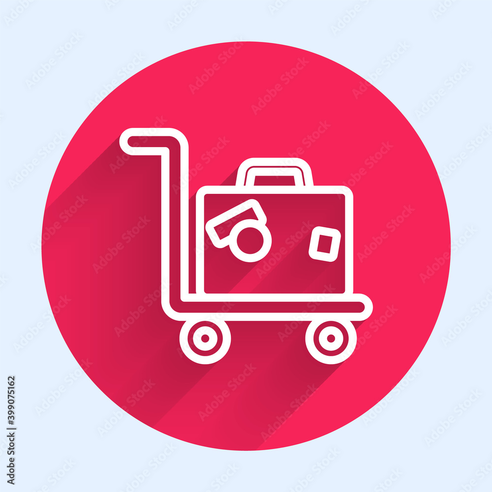 White line Hotel luggage cart with suitcase icon isolated with long shadow. Traveling baggage sign. 