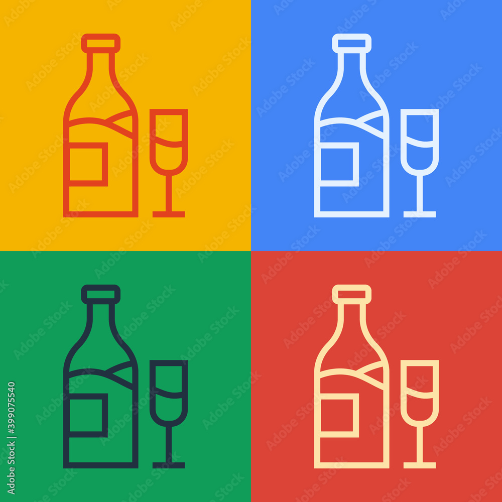 Pop art line Wine bottle with glass icon isolated on color background. Vector.