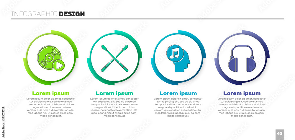 在人头和耳机中设置乙烯基唱片、鼓槌、音符。商业信息图模板