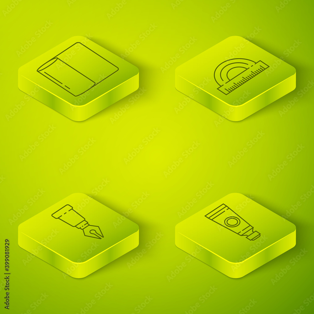Set Isometric Protractor, Fountain pen nib, Tube with paint palette and Paper towel roll icon. Vecto