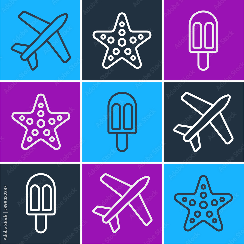 Set line Plane, Ice cream and Starfish icon. Vector.