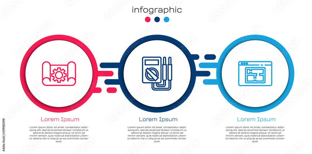 设定线绘图纸和齿轮，万用表和房屋平面图。商业信息图模板。矢量。