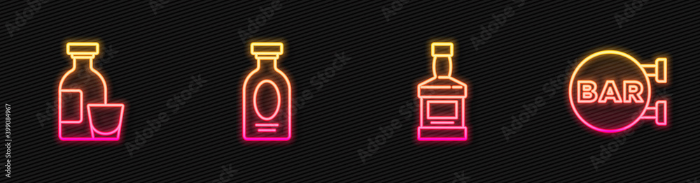 Set line Whiskey bottle, Alcohol drink Rum, and Street signboard with Bar. Glowing neon icon. Vector