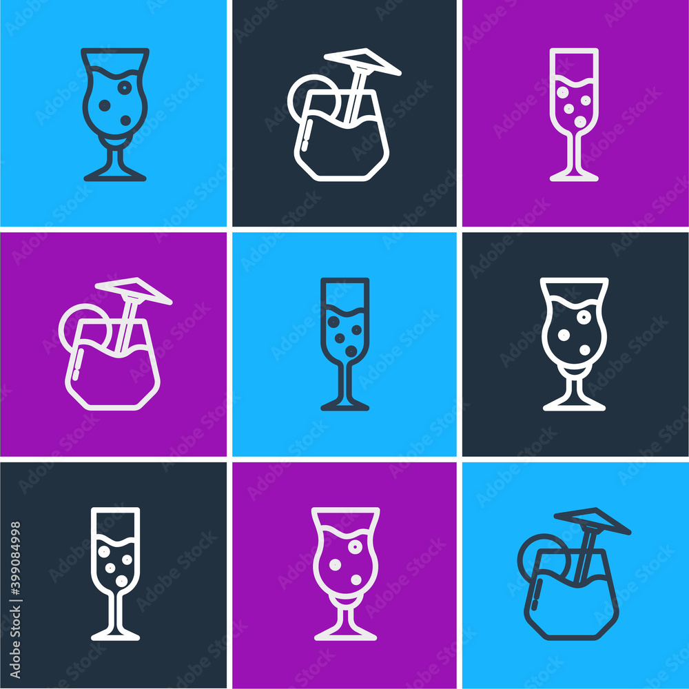 Set line Glass of beer, champagne and Cocktail icon. Vector.