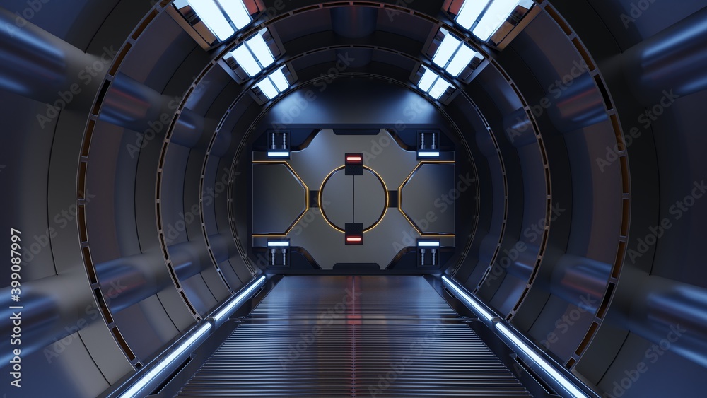 Science background fiction interior rendering sci-fi spaceship corridors blue light.