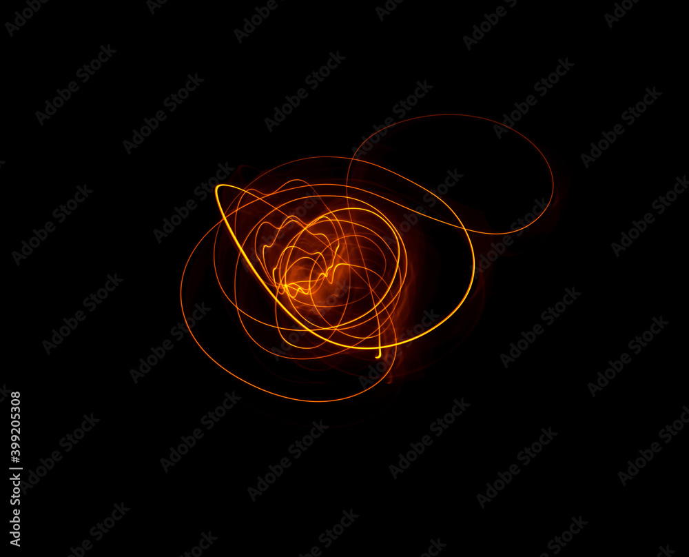 Light wave trail path, vibrant neon gold color in abstract swirls on a black background