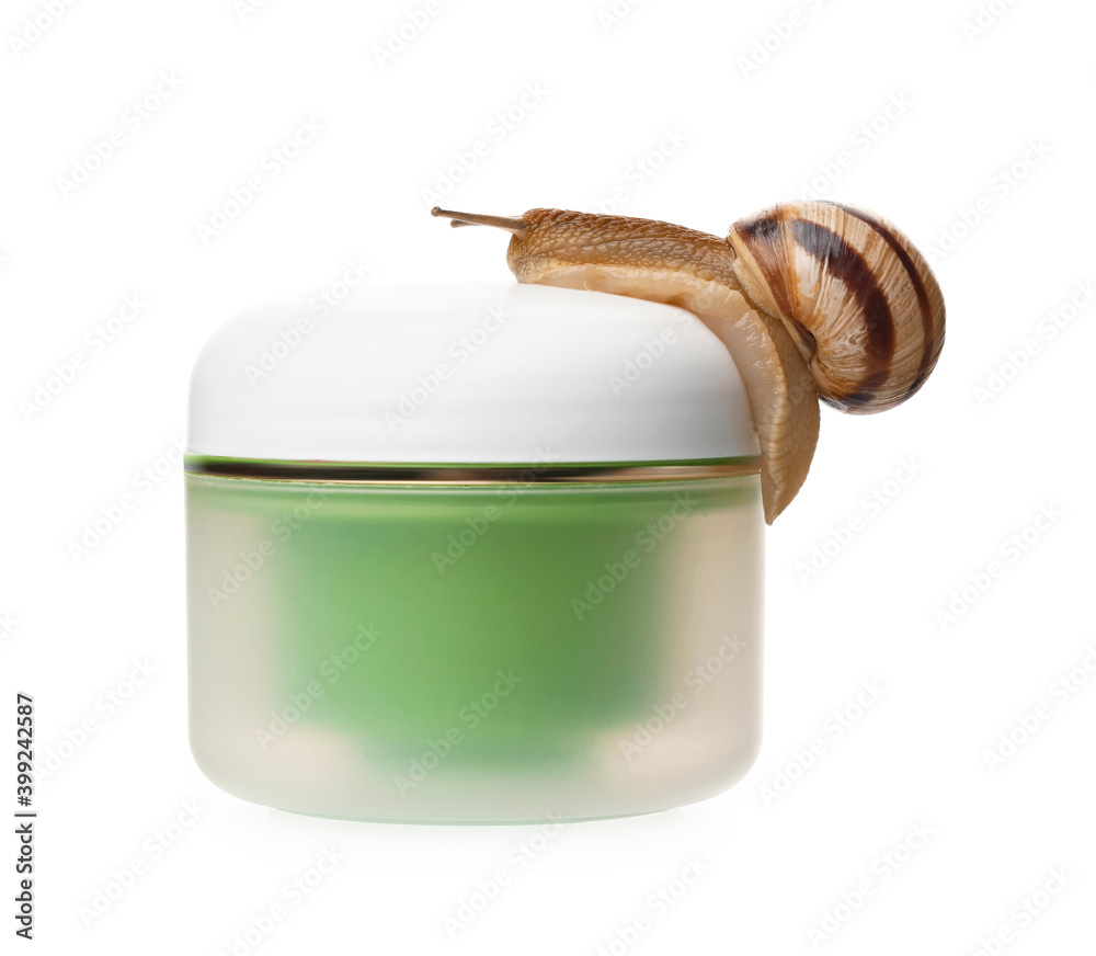 Grapevine snail and jar with cream on white background