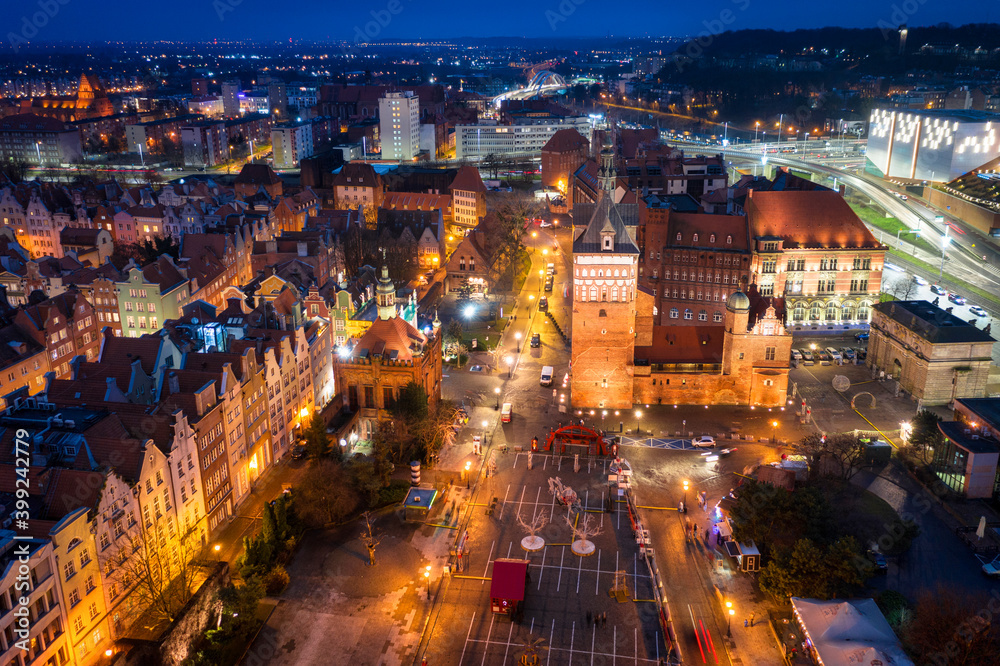 Aerial view of the Gdansk city at dusk, Poland