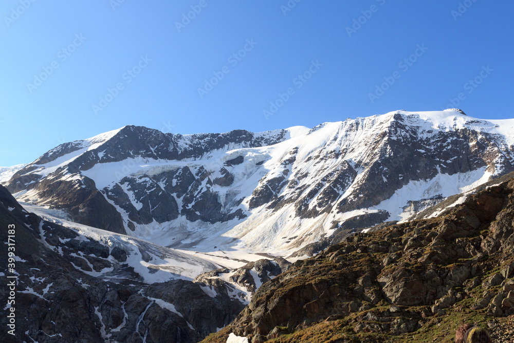 奥地利蒂罗尔阿尔卑斯山Taschachferner冰川的高山雪全景