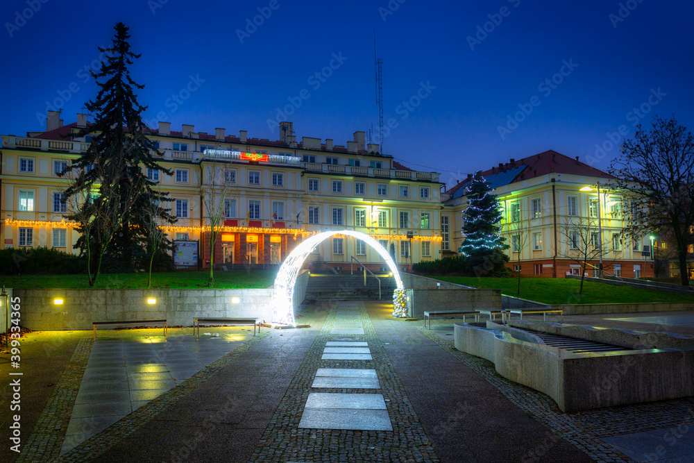 Christmas lights at the park in Pruszcz Gdanski at night, Poland.