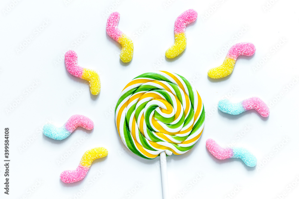 lollipop design with sugar candys on white background top view mockup