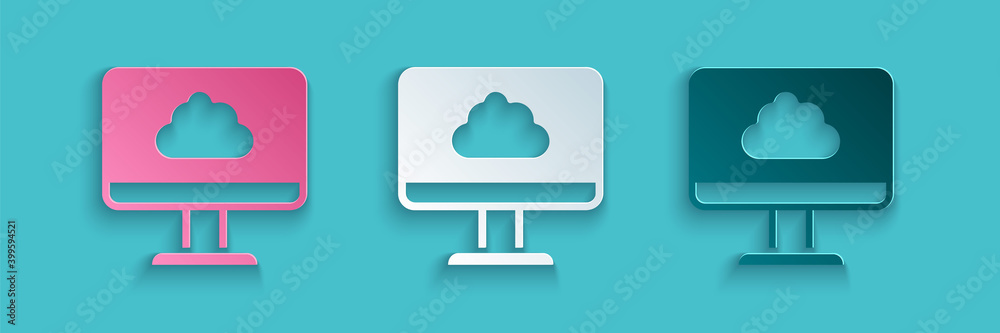 Paper cut Cloud technology data transfer and storage icon isolated on blue background. Paper art sty