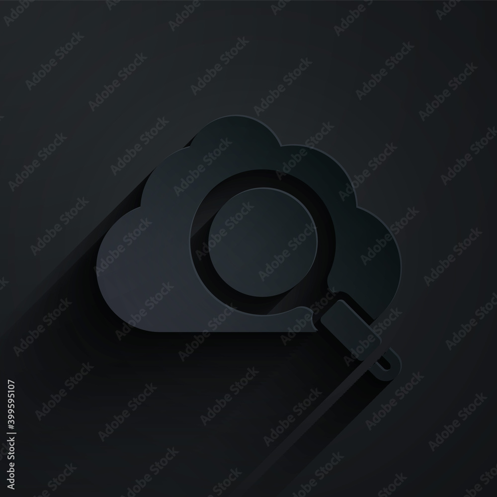 Paper cut Search cloud computing icon isolated on black background. Magnifying glass and cloud. Pape