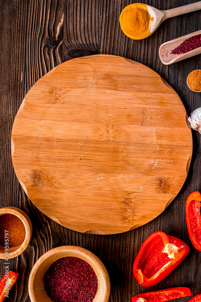 cooking tools in restoraunt concept on wooden background top view