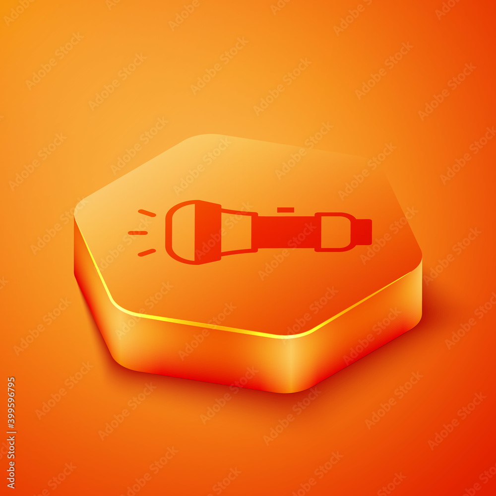 Isometric Flashlight icon isolated on orange background. Orange hexagon button. Vector.