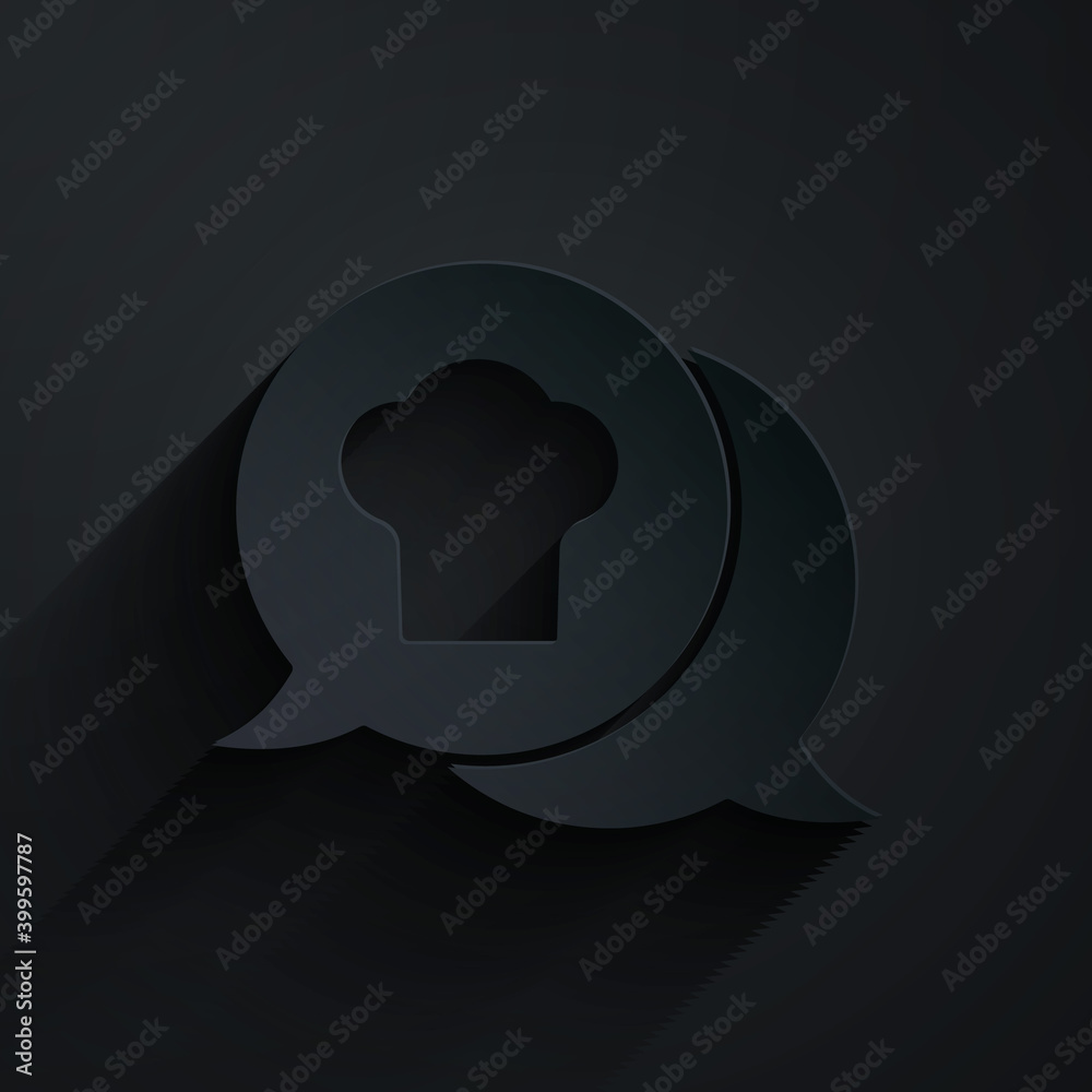 Paper cut Chef hat in speech bubble icon isolated on black background. Cooking symbol. Cooks hat. Pa