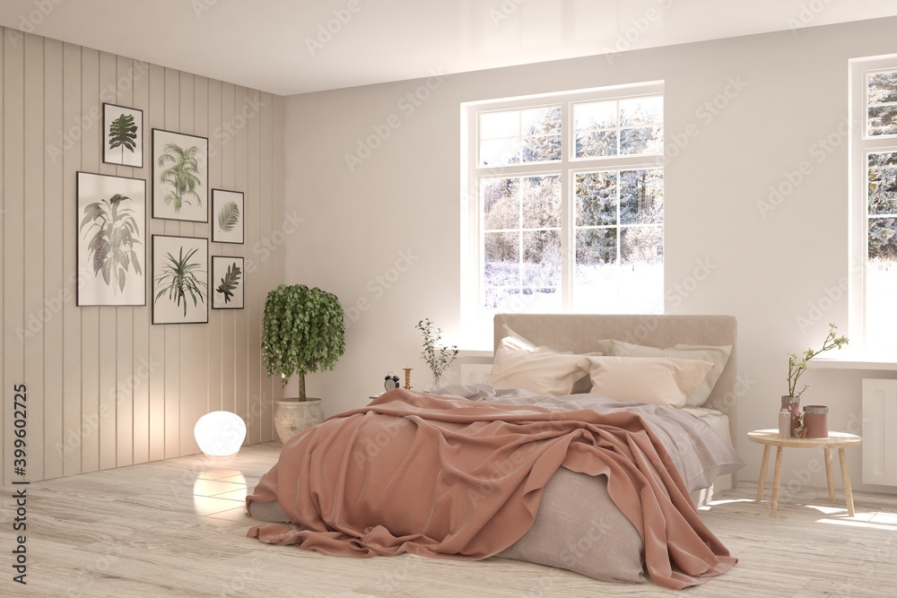 Stylish bedroom in white color with winter landscape in window. Scandinavian interior design. 3D ill