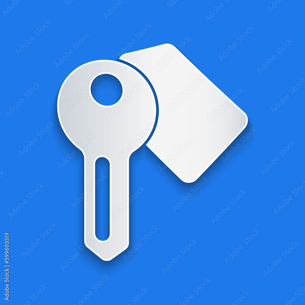 Paper cut Hotel door lock key icon isolated on blue background. Paper art style. Vector.