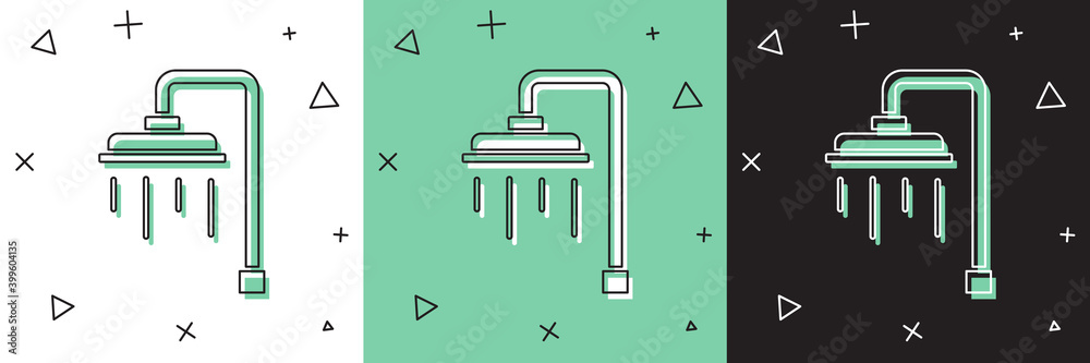 在白色和绿色、黑色背景上设置带有水滴流动图标的淋浴喷头。矢量。
