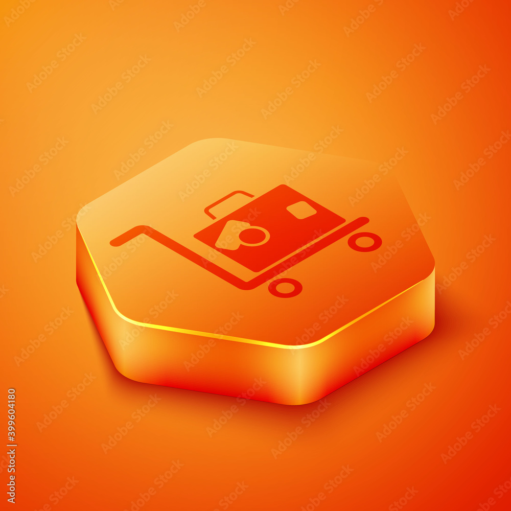 Isometric Hotel luggage cart with suitcase icon isolated on orange background. Traveling baggage sig