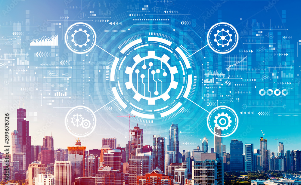 Automation concept with downtown Chicago cityscape skyscrapers