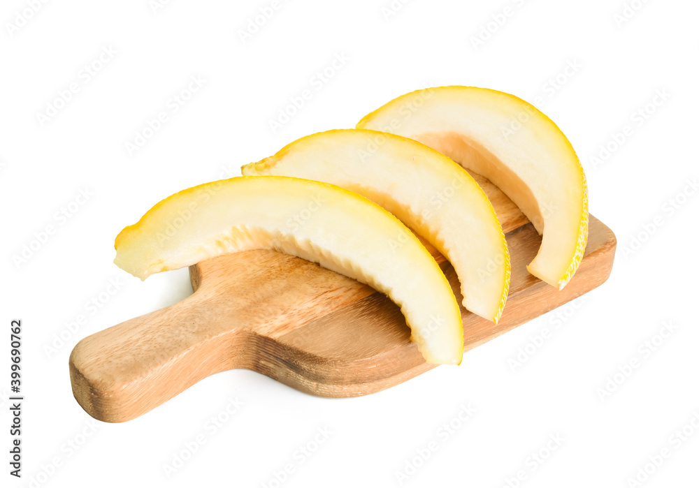 Board with sweet cut melon on white background