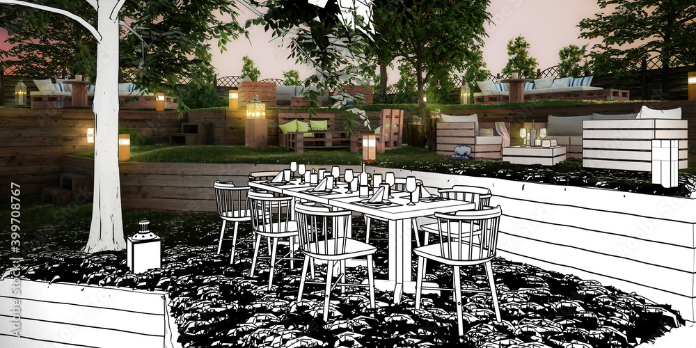 Garden Area  of Pub & Restaurant (drawing) - panoramic 3d visualization