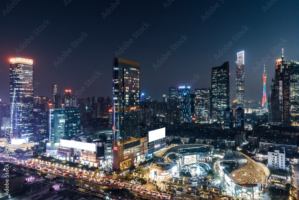 航拍中国现代城市建筑景观夜景