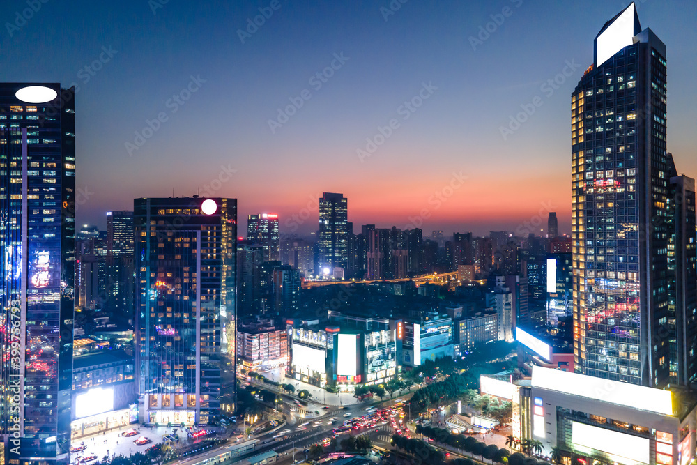 中国现代城市建筑景观夜景航拍