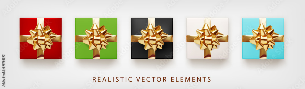 Collection of gift presents with golden foil bow. Set of 3d realistic gift boxes white, red, green, 