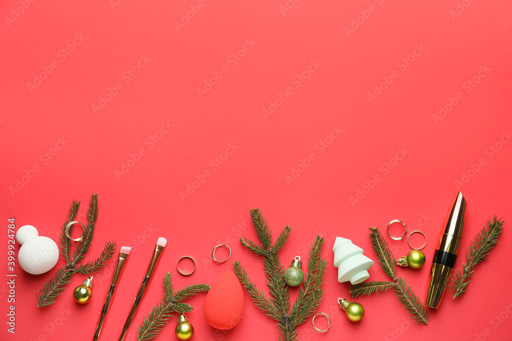 Christmas composition with cosmetics on color background