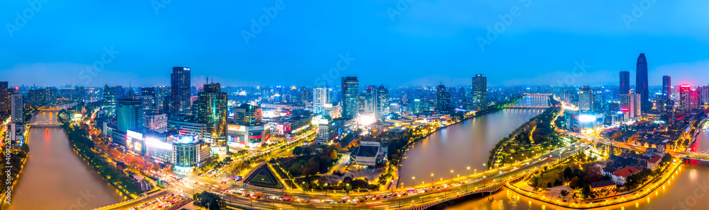 航拍宁波城市建筑景观夜景