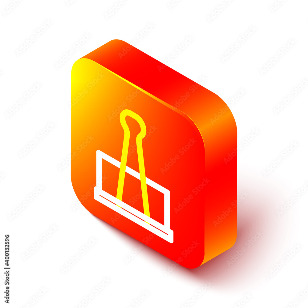 Isometric line Binder clip icon isolated on white background. Paper clip. Orange square button. Vect