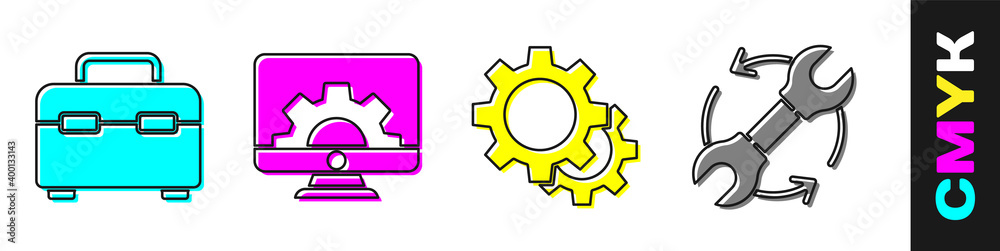 Set Toolbox, Computer monitor and gear, Gear and Wrench and arrows as workflow icon. Vector.