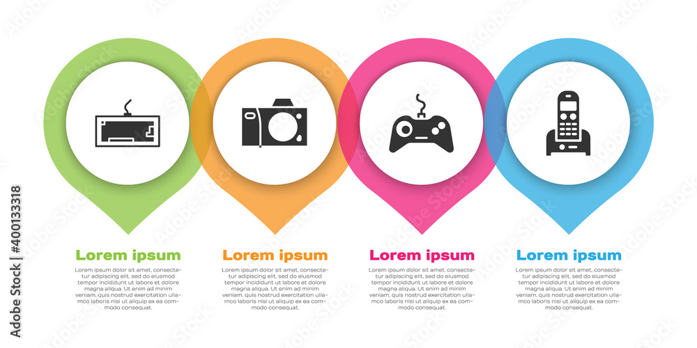 Set Keyboard, Photo camera, Gamepad and Telephone. Business infographic template. Vector.